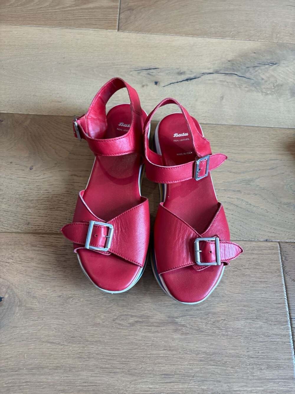 Bata Red Leather Rainbow Striped Platform Sandals Made in Italy Size 39